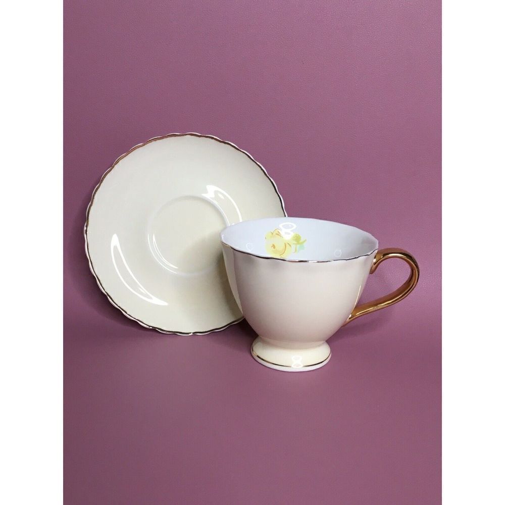 JUSALPHA Tea coffee set of 2 Light Yellow Flower CUP AND SAUCER FINE BONE CHINA